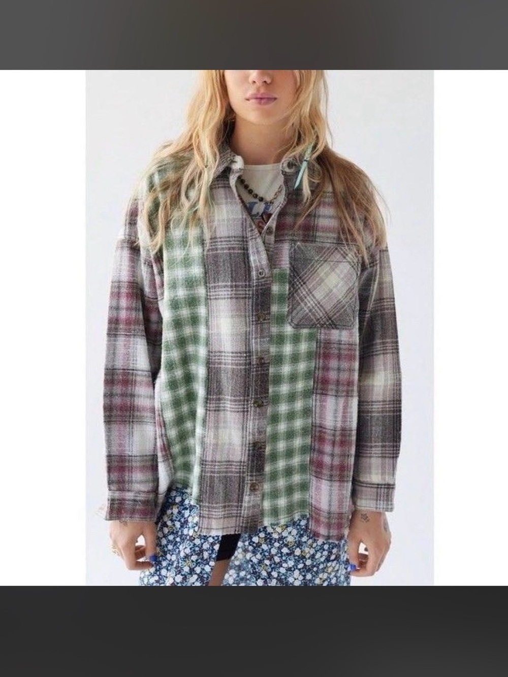 Plaid Patchwork Oversized Button-Up Flannel Urban Outfitters BDG Medium/ M Cotto